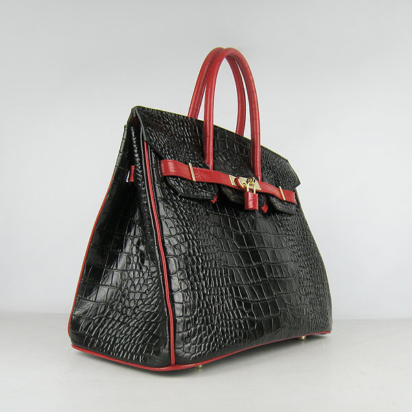 High Quality Fake Hermes Birkin 35CM Crocodile Veins Leather Bag Black/Red 6089